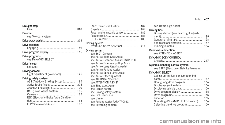 MERCEDES-BENZ E-CLASS CABRIOLET 2021 Service Manual Dr
Dr
aught st
aught st op
op
Care...................................................... 310
Dra
Dra wbar
wbar
see Tow- bar system
Dr
Dr iv
ive Awa
e Away Assi st
y Assi st............................