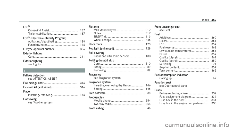 MERCEDES-BENZ E-CLASS CABRIOLET 2021 Service Manual ESP
ESP
®
®
Crosswind Assis t.................................... 187
Tr ailer stabilisatio n................................. 187
ESP
ESP ®
®
(Electr
(Electronic St
onic Stability Pr
ability Pr o