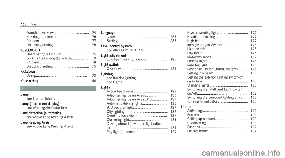 MERCEDES-BENZ E-CLASS CABRIOLET 2021  Owners Manual Fu
nction overview.................................... 74
Ke yring attachment................................. 76
Problem................................................... 77
Unlocking setting.......