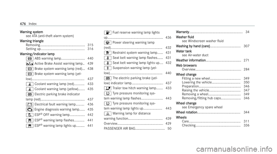 MERCEDES-BENZ E-CLASS CABRIOLET 2021 User Guide W
W
ar
ar ning syst
ning syst em
em
see ATA (anti-theT alarm system)
W
W ar
ar ning tr
ning tr iangle
iangle
Re moving............................................... 315
Setting up...................