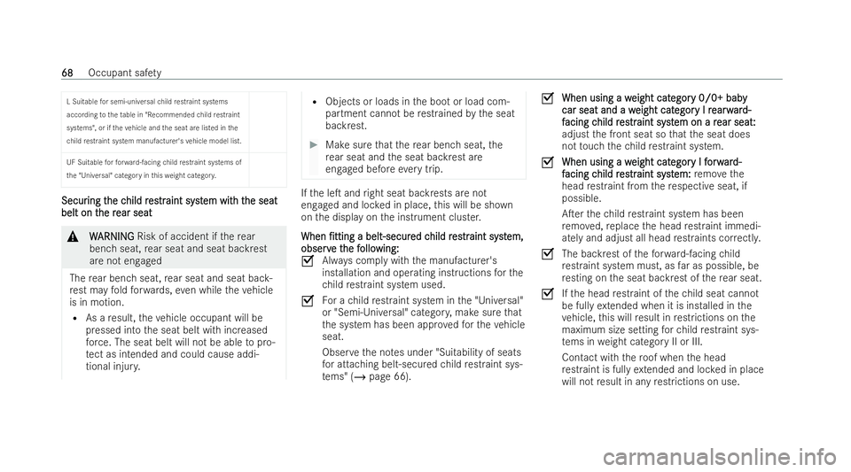 MERCEDES-BENZ E-CLASS CABRIOLET 2021 User Guide L Suitable
for semi-universal child restraint systems
acco rding totheta ble in "Recommended child restraint
systems", or if theve hicle and the seat are listed in the
ch ild restraint system 