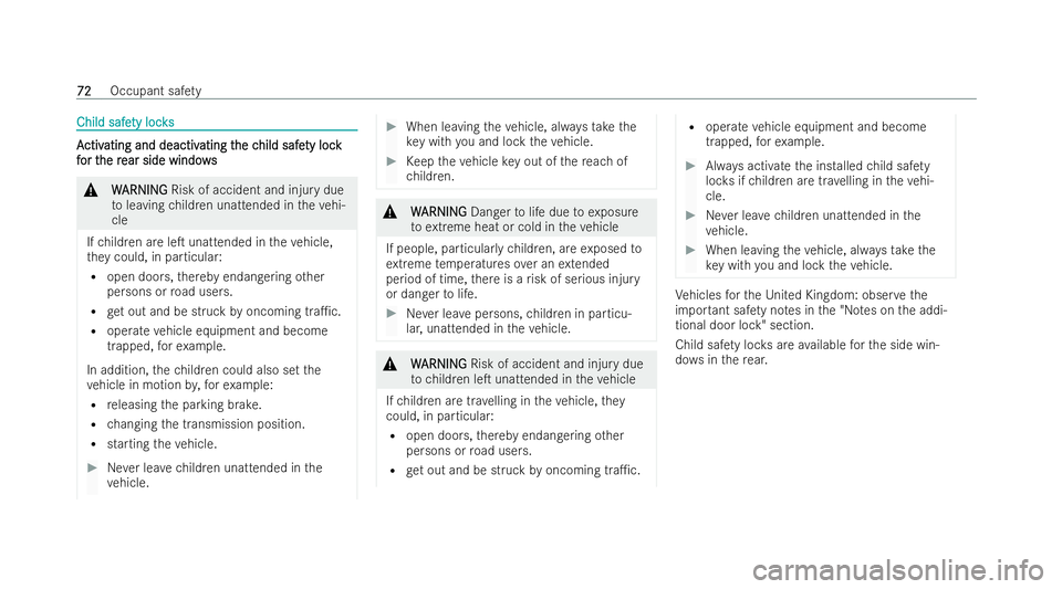 MERCEDES-BENZ E-CLASS CABRIOLET 2021  Owners Manual Child safe
Child safe
ty locks
ty loc ks A
A
ctiv
ctiv ating and deactiv
ating and deactiv ating t
ating the c
he child safe
hild safe ty lock
ty lock
f
f or t
or t he r
he r ear side windo ws
ear sid