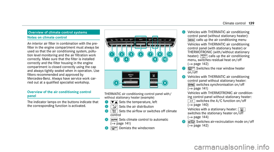 MERCEDES-BENZ E-CLASS CABRIOLET 2020  Owners Manual Overview of climate control sy
stems Note
s on climate control An interior air
filter in combination with the pre‐
fi lter in the engine compartment must alw ays be
used so that the air conditioning MERCEDES-BENZ E-CLASS CABRIOLET 2020  Owners Manual Overview of climate control sy
stems Note
s on climate control An interior air
filter in combination with the pre‐
fi lter in the engine compartment must alw ays be
used so that the air conditioning