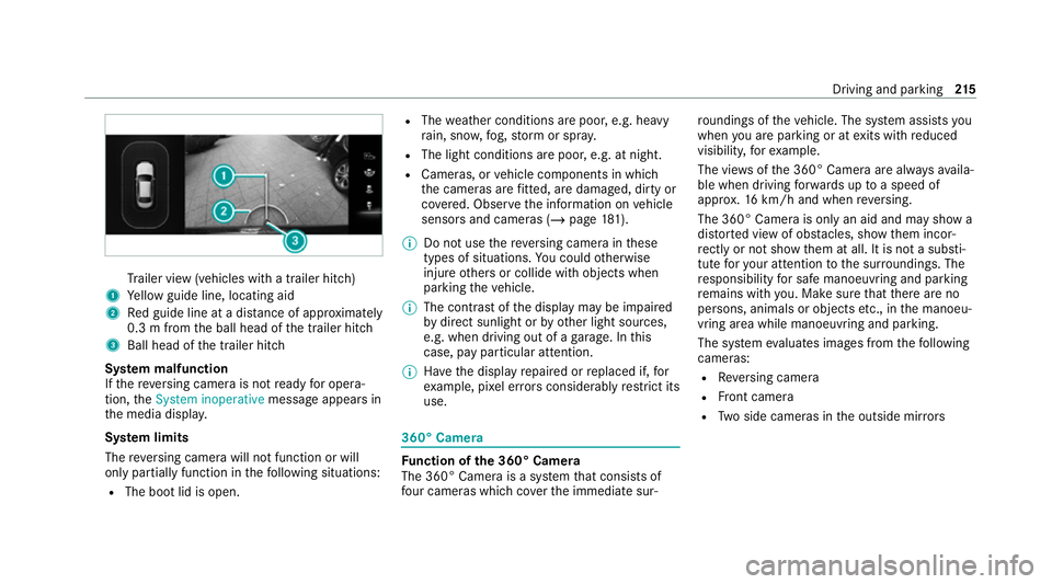 MERCEDES-BENZ E-CLASS CABRIOLET 2020 Owners Manual Tr
ailer view (vehicles with a trailer hit ch)
1 Yellow guide line, locating aid
2 Red guide line at a dis tance of appr oximately
0.3 m from the ball head of the trailer hitch
3 Ball head of the trai