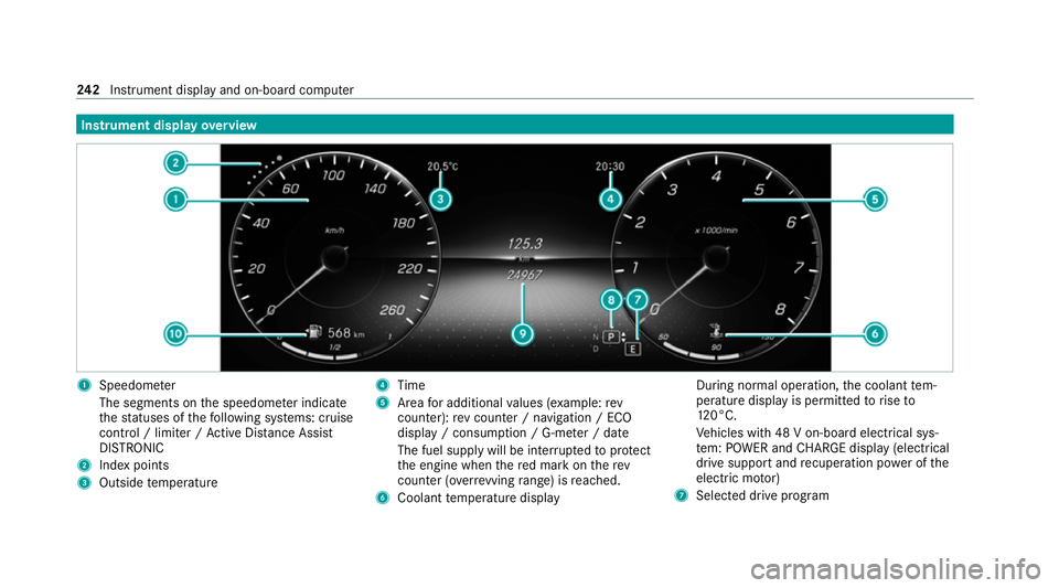MERCEDES-BENZ E-CLASS CABRIOLET 2020 Owners Manual Instrument display
overview 1
Speedome ter
The segments on the speedome ter indica te
th est atuses of thefo llowing sy stems: cruise
control / limiter / Active Dis tance Assi st
DISTRONIC
2 Index poi MERCEDES-BENZ E-CLASS CABRIOLET 2020 Owners Manual Instrument display
overview 1
Speedome ter
The segments on the speedome ter indica te
th est atuses of thefo llowing sy stems: cruise
control / limiter / Active Dis tance Assi st
DISTRONIC
2 Index poi
