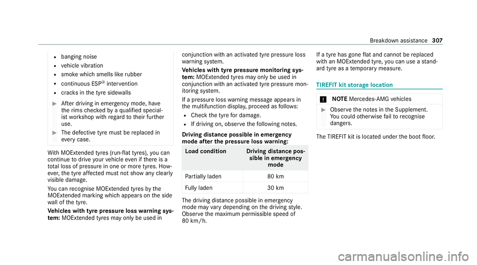 MERCEDES-BENZ E-CLASS CABRIOLET 2020 Owners Manual R
banging noise
R vehicle vibration
R smoke which smells like rubber
R continuous ESP ®
inter vention
R crac ksinthe tyre side walls #
After driving in emergency mode, ha ve
th erims checkedby aqu al MERCEDES-BENZ E-CLASS CABRIOLET 2020 Owners Manual R
banging noise
R vehicle vibration
R smoke which smells like rubber
R continuous ESP ®
inter vention
R crac ksinthe tyre side walls #
After driving in emergency mode, ha ve
th erims checkedby aqu al