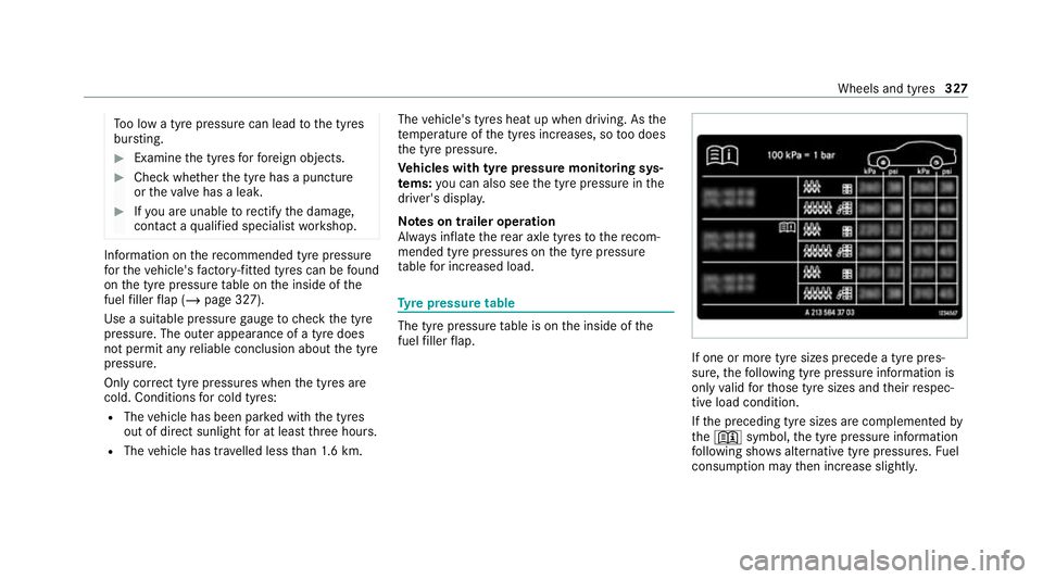 MERCEDES-BENZ E-CLASS CABRIOLET 2020 Owners Manual To
o low a tyre pressure can lead tothe tyres
bur sting. #
Examine the tyres forfo re ign objects. #
Check whe ther the tyre has a puncture
or theva lve has a leak. #
Ifyo u are unable torectify the d MERCEDES-BENZ E-CLASS CABRIOLET 2020 Owners Manual To
o low a tyre pressure can lead tothe tyres
bur sting. #
Examine the tyres forfo re ign objects. #
Check whe ther the tyre has a puncture
or theva lve has a leak. #
Ifyo u are unable torectify the d