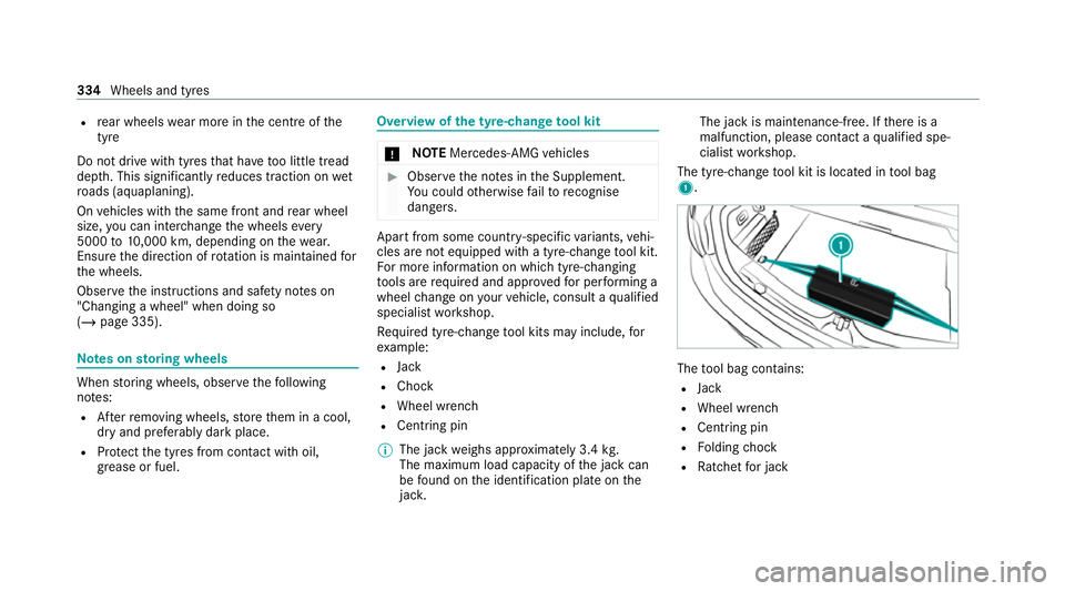 MERCEDES-BENZ E-CLASS CABRIOLET 2020 Owners Manual R
rear wheels wear more in the cent reofthe
tyre
Do not drive wi thtyres that ha vetoo little tread
dep th. This significantly reduces traction on wet
ro ads (aquaplaning).
On vehicles with the same f MERCEDES-BENZ E-CLASS CABRIOLET 2020 Owners Manual R
rear wheels wear more in the cent reofthe
tyre
Do not drive wi thtyres that ha vetoo little tread
dep th. This significantly reduces traction on wet
ro ads (aquaplaning).
On vehicles with the same f
