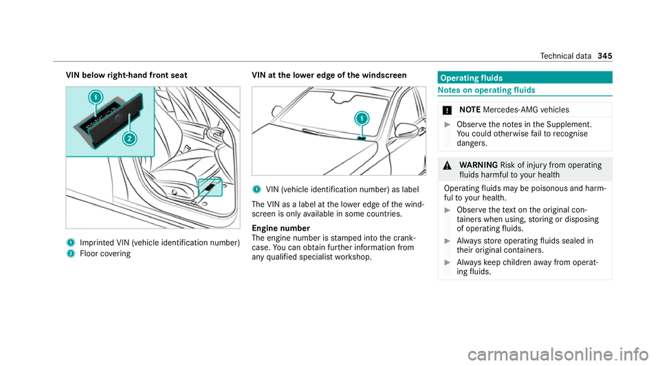 MERCEDES-BENZ E-CLASS CABRIOLET 2020 Owners Manual VIN below
right-hand front seat 1
Imprinted VIN (vehicle identification number)
2 Floor co vering VIN at the lo
wer edge of the windscreen 1
VIN (vehicle identi fication number) as label
The VIN as a MERCEDES-BENZ E-CLASS CABRIOLET 2020 Owners Manual VIN below
right-hand front seat 1
Imprinted VIN (vehicle identification number)
2 Floor co vering VIN at the lo
wer edge of the windscreen 1
VIN (vehicle identi fication number) as label
The VIN as a