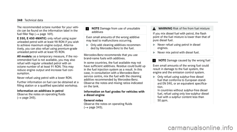 MERCEDES-BENZ E-CLASS CABRIOLET 2020 Owners Manual The
recommended octane number foryo ur vehi‐
cle can be found on the information label in the
fuel filler flap (/ page169).
E 350, E 450 4M ATIC: onlyrefuel using super
unleaded petrol with at lea s MERCEDES-BENZ E-CLASS CABRIOLET 2020 Owners Manual The
recommended octane number foryo ur vehi‐
cle can be found on the information label in the
fuel filler flap (/ page169).
E 350, E 450 4M ATIC: onlyrefuel using super
unleaded petrol with at lea s