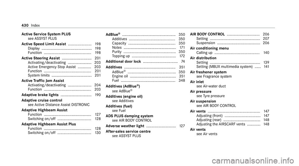 MERCEDES-BENZ E-CLASS CABRIOLET 2020 Owners Manual Ac
tive Se rvice Sy stem PLUS
see AS SYST PLUS
Ac tive Speed Limit Assi st....................... 19 8
Displ ay................................................. 19 8
Fu nction ........................ MERCEDES-BENZ E-CLASS CABRIOLET 2020 Owners Manual Ac
tive Se rvice Sy stem PLUS
see AS SYST PLUS
Ac tive Speed Limit Assi st....................... 19 8
Displ ay................................................. 19 8
Fu nction ........................