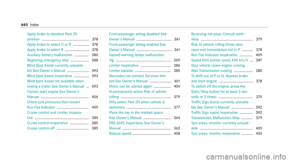 MERCEDES-BENZ E-CLASS CABRIOLET 2020 Owners Manual App
lybrake todeselect Park (P)
position ...............................................3 78
App lybrake toselect D or R ................378
App lybrake toselect R ........................ 378
Au xili
