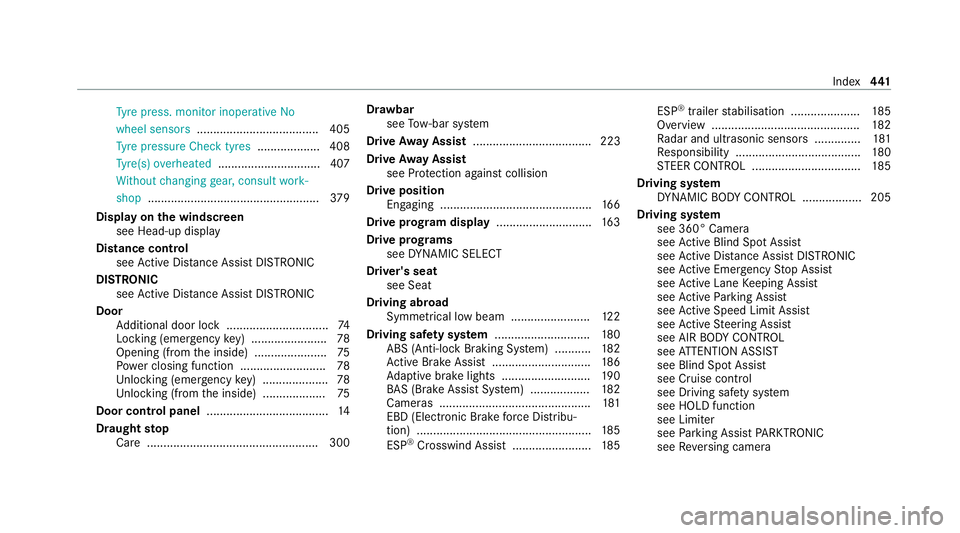 MERCEDES-BENZ E-CLASS CABRIOLET 2020 Service Manual Ty
re press. monitor inoperative No
wheel sensors .................................... .405
Ty re pressure Check tyres ...................408
Ty re(s) ove rheated ...............................4 07
W MERCEDES-BENZ E-CLASS CABRIOLET 2020 Service Manual Ty
re press. monitor inoperative No
wheel sensors .................................... .405
Ty re pressure Check tyres ...................408
Ty re(s) ove rheated ...............................4 07
W