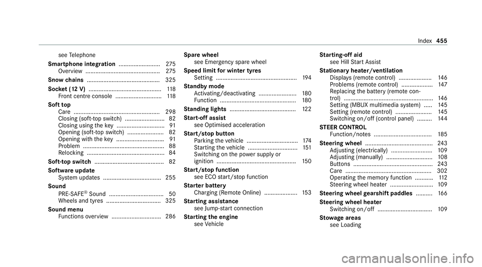 MERCEDES-BENZ E-CLASS CABRIOLET 2020 Owners Manual see
Telephone
Sma rtphone integ ration ......................... 275
Overview ............................................. 275
Snow chains ............................................ 325
Soc ket (12 MERCEDES-BENZ E-CLASS CABRIOLET 2020 Owners Manual see
Telephone
Sma rtphone integ ration ......................... 275
Overview ............................................. 275
Snow chains ............................................ 325
Soc ket (12
