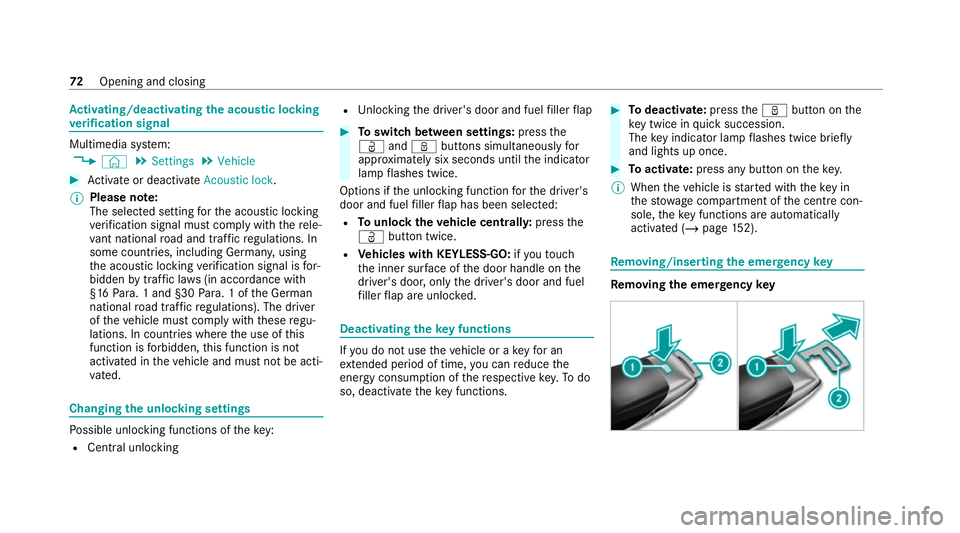 MERCEDES-BENZ E-CLASS CABRIOLET 2020 Manual PDF Ac
tivating/deactivating the acoustic lo cking
ve rification signal Multimedia sy
stem:
4 © 5
Settings 5
Vehicle #
Activate or deacti vate Acoustic lock .
% Please no
te:
The selected setting forth e MERCEDES-BENZ E-CLASS CABRIOLET 2020 Manual PDF Ac
tivating/deactivating the acoustic lo cking
ve rification signal Multimedia sy
stem:
4 © 5
Settings 5
Vehicle #
Activate or deacti vate Acoustic lock .
% Please no
te:
The selected setting forth e