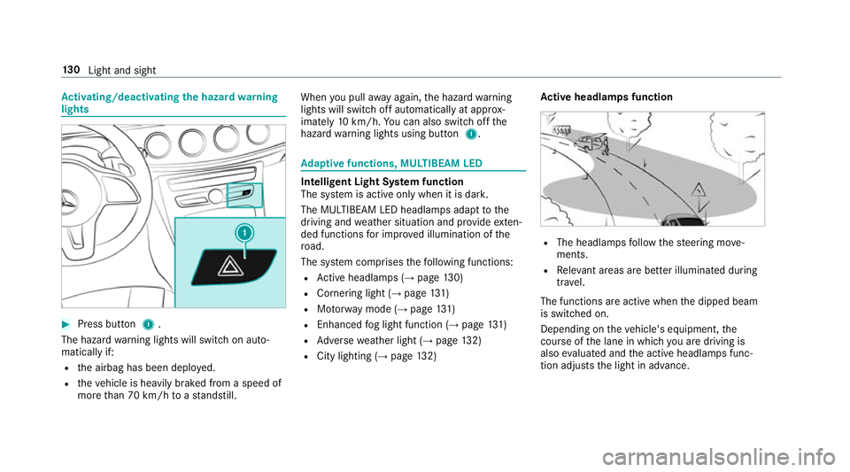 MERCEDES-BENZ E-CLASS CABRIOLET 2018 Owners Manual Ac
tivating/deactivating the hazard warning
lights #
Press button 1.
The hazard warning lights will switch on auto‐
matically if:
R the airbag has been deplo yed.
R theve hicle is heavily braked fro MERCEDES-BENZ E-CLASS CABRIOLET 2018 Owners Manual Ac
tivating/deactivating the hazard warning
lights #
Press button 1.
The hazard warning lights will switch on auto‐
matically if:
R the airbag has been deplo yed.
R theve hicle is heavily braked fro