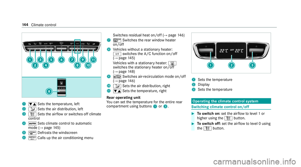 MERCEDES-BENZ E-CLASS CABRIOLET 2018 Owners Manual 1
w Setsthete mp erature, left
2 _ Setsthe air distribution, left
3 H Setsthe air flow or switches off climate
control
4 Ã Sets climate control toautomatic
mode (→ page145)
5 ¬ Defrosts the windsc MERCEDES-BENZ E-CLASS CABRIOLET 2018 Owners Manual 1
w Setsthete mp erature, left
2 _ Setsthe air distribution, left
3 H Setsthe air flow or switches off climate
control
4 Ã Sets climate control toautomatic
mode (→ page145)
5 ¬ Defrosts the windsc