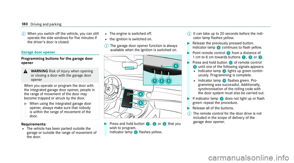 MERCEDES-BENZ E-CLASS CABRIOLET 2018 Owners Manual %
When you swit choff theve hicle, you can still
opera tethe side windo wsforfive minutes if
th e driver's door is closed. Garage door opener
Prog
ramming buttons for the garage door
opener &
WARN MERCEDES-BENZ E-CLASS CABRIOLET 2018 Owners Manual %
When you swit choff theve hicle, you can still
opera tethe side windo wsforfive minutes if
th e driver's door is closed. Garage door opener
Prog
ramming buttons for the garage door
opener &
WARN