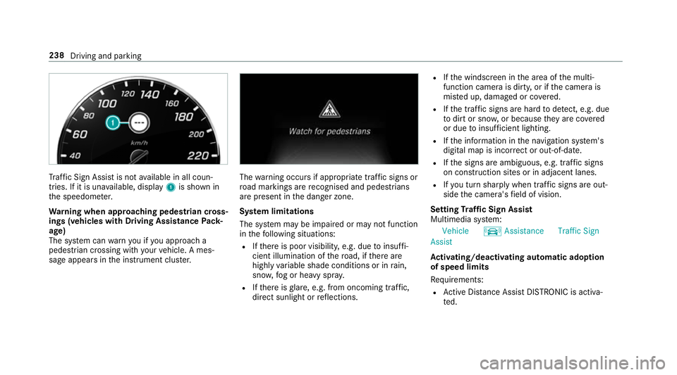 MERCEDES-BENZ E-CLASS CABRIOLET 2018 Owners Manual Tr
af fic Sign Assi stis not available in all coun‐
tries. If it is una vailable, display 1is shown in
th e speedome ter.
Wa rning when app roaching pedestrian cross‐
ings (vehicles with Driving A MERCEDES-BENZ E-CLASS CABRIOLET 2018 Owners Manual Tr
af fic Sign Assi stis not available in all coun‐
tries. If it is una vailable, display 1is shown in
th e speedome ter.
Wa rning when app roaching pedestrian cross‐
ings (vehicles with Driving A