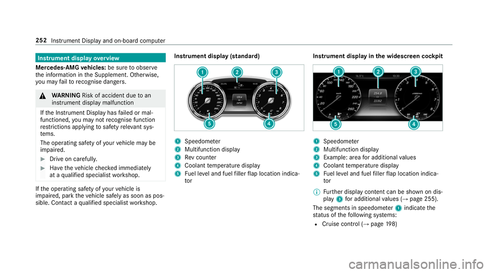 MERCEDES-BENZ E-CLASS CABRIOLET 2018 Owners Manual Instrument display
overview
Mercedes-AMG vehicles: be sure toobser ve
th e information in the Supplement. Otherwise,
yo u may failto recognise dangers. &
WARNING Risk of accident due toan
instrument d MERCEDES-BENZ E-CLASS CABRIOLET 2018 Owners Manual Instrument display
overview
Mercedes-AMG vehicles: be sure toobser ve
th e information in the Supplement. Otherwise,
yo u may failto recognise dangers. &
WARNING Risk of accident due toan
instrument d