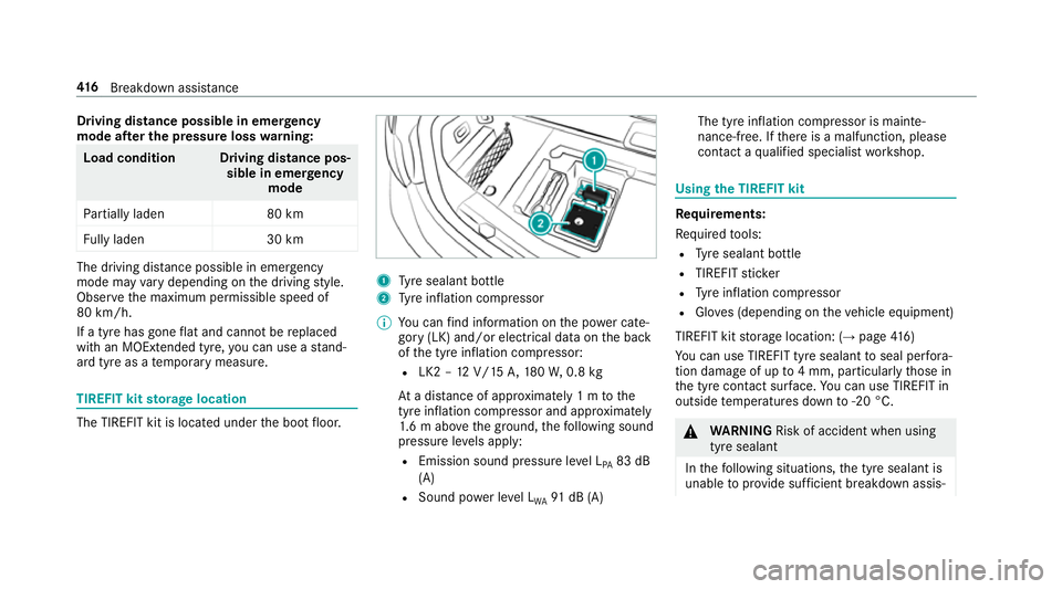 MERCEDES-BENZ E-CLASS CABRIOLET 2018 Owners Manual Driving distance possible in eme
rgency
mode af ter the pressure loss warning: Load condition Driving distance pos‐
sible in emergency
mode
Pa rtially laden 80 km
Fu lly laden 30 kmThe driving dis
t MERCEDES-BENZ E-CLASS CABRIOLET 2018 Owners Manual Driving distance possible in eme
rgency
mode af ter the pressure loss warning: Load condition Driving distance pos‐
sible in emergency
mode
Pa rtially laden 80 km
Fu lly laden 30 kmThe driving dis
t