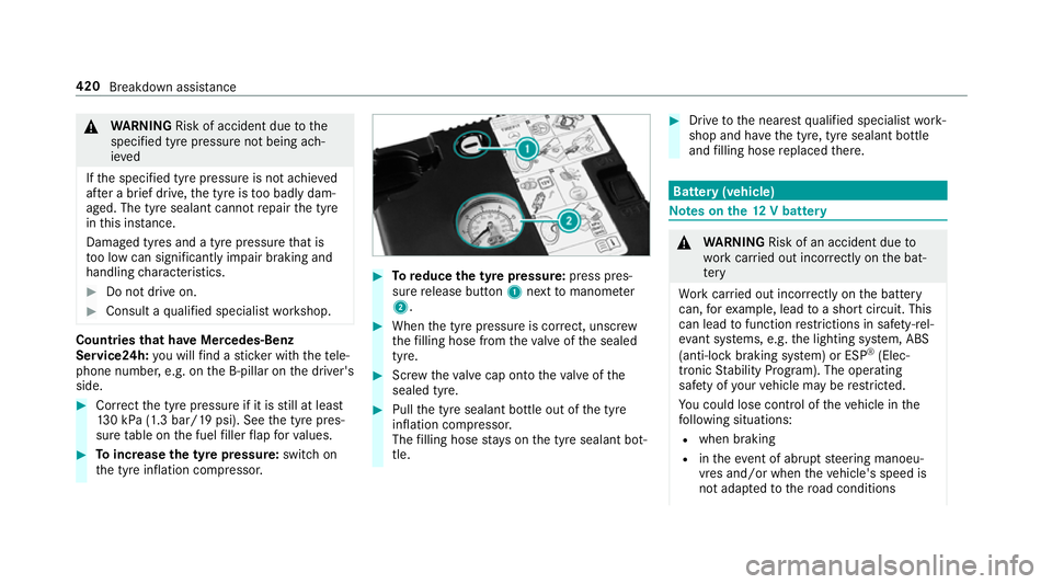 MERCEDES-BENZ E-CLASS CABRIOLET 2018 Owners Manual &
WARNING Risk of accident due tothe
specified tyre pressure not being ach‐
ie ved
If th e specified tyre pressure is not achie ved
af te r a brief drive, the tyre is too badly dam‐
aged. The tyre MERCEDES-BENZ E-CLASS CABRIOLET 2018 Owners Manual &
WARNING Risk of accident due tothe
specified tyre pressure not being ach‐
ie ved
If th e specified tyre pressure is not achie ved
af te r a brief drive, the tyre is too badly dam‐
aged. The tyre