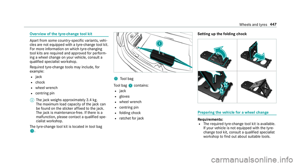 MERCEDES-BENZ E-CLASS CABRIOLET 2018 Owners Manual Overview of
the ty re-change tool kit Apart from some countr
y-specific variants, vehi‐
cles are not equipped with a tyre-change tool kit.
Fo r more information on which tyre-changing
to ol kits are MERCEDES-BENZ E-CLASS CABRIOLET 2018 Owners Manual Overview of
the ty re-change tool kit Apart from some countr
y-specific variants, vehi‐
cles are not equipped with a tyre-change tool kit.
Fo r more information on which tyre-changing
to ol kits are