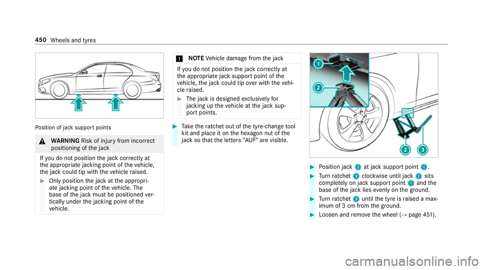 MERCEDES-BENZ E-CLASS CABRIOLET 2018 Owners Manual Po
sition of jack support points &
WARNING Risk of inju ryfrom incor rect
positioning of the jack
If yo u do not position the jack cor rectly at
th e appropriate jacking point of theve hicle,
th e jac MERCEDES-BENZ E-CLASS CABRIOLET 2018 Owners Manual Po
sition of jack support points &
WARNING Risk of inju ryfrom incor rect
positioning of the jack
If yo u do not position the jack cor rectly at
th e appropriate jacking point of theve hicle,
th e jac