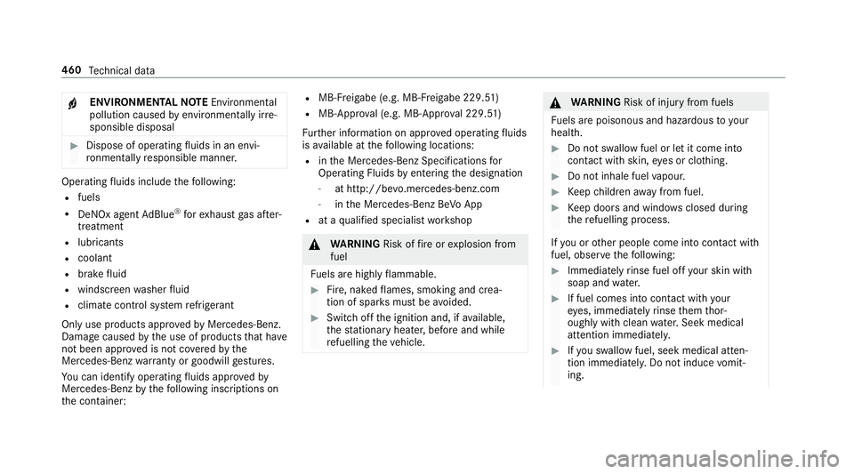 MERCEDES-BENZ E-CLASS CABRIOLET 2018  Owners Manual +
ENVIRONMENTAL
NOTEEnvironmental
pollution caused byenvironmen tally ir re‐
sponsible disposal #
Dispose of operating fluids in an envi‐
ro nmentally responsible manner. Operating
fluids include 