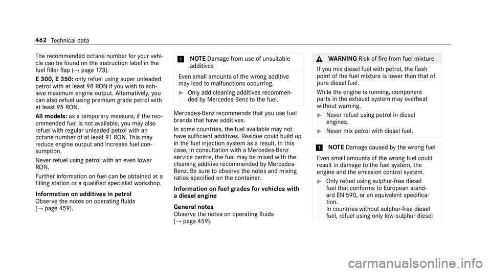 MERCEDES-BENZ E-CLASS CABRIOLET 2018 Owners Manual The
recommended octane number foryo ur vehi‐
cle can be found on the instruction label in the
fuel filler flap (→ page173).
E 300, E 350: onlyrefuel using super unleaded
petrol with at lea st98 RO MERCEDES-BENZ E-CLASS CABRIOLET 2018 Owners Manual The
recommended octane number foryo ur vehi‐
cle can be found on the instruction label in the
fuel filler flap (→ page173).
E 300, E 350: onlyrefuel using super unleaded
petrol with at lea st98 RO