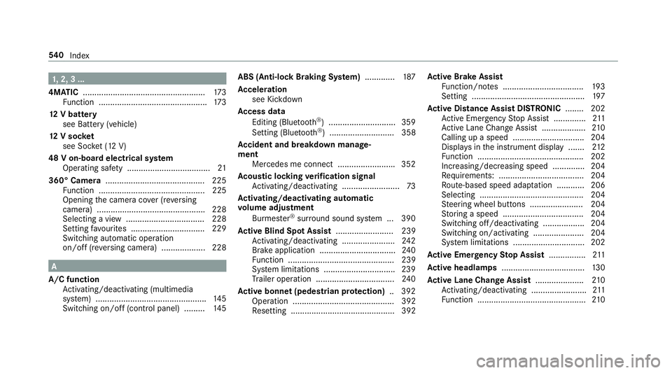 MERCEDES-BENZ E-CLASS CABRIOLET 2018 Owners Manual 1,
2, 3 ...
4MATIC ..................................................... 173
Fu nction ............................................... 173
12 V battery
see Battery (vehicle)
12 V so cket
see Soc ket ( MERCEDES-BENZ E-CLASS CABRIOLET 2018 Owners Manual 1,
2, 3 ...
4MATIC ..................................................... 173
Fu nction ............................................... 173
12 V battery
see Battery (vehicle)
12 V so cket
see Soc ket (