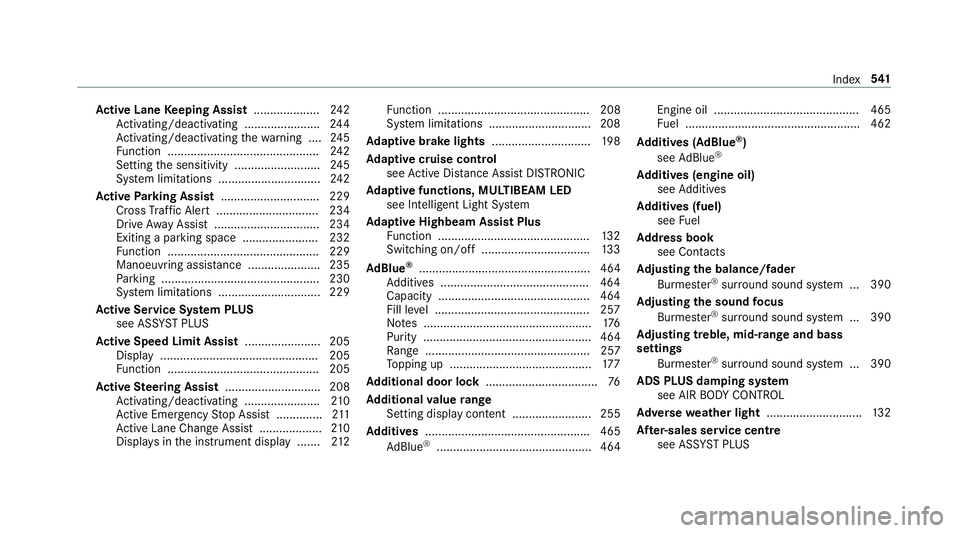 MERCEDES-BENZ E-CLASS CABRIOLET 2018 Owners Manual Ac
tive Lane Keeping Assist .................... 24 2
Ac tivating/deactivating ...................... .244
Ac tivating/deactivating thewa rning .... 24 5
Fu nction .................................... MERCEDES-BENZ E-CLASS CABRIOLET 2018 Owners Manual Ac
tive Lane Keeping Assist .................... 24 2
Ac tivating/deactivating ...................... .244
Ac tivating/deactivating thewa rning .... 24 5
Fu nction ....................................