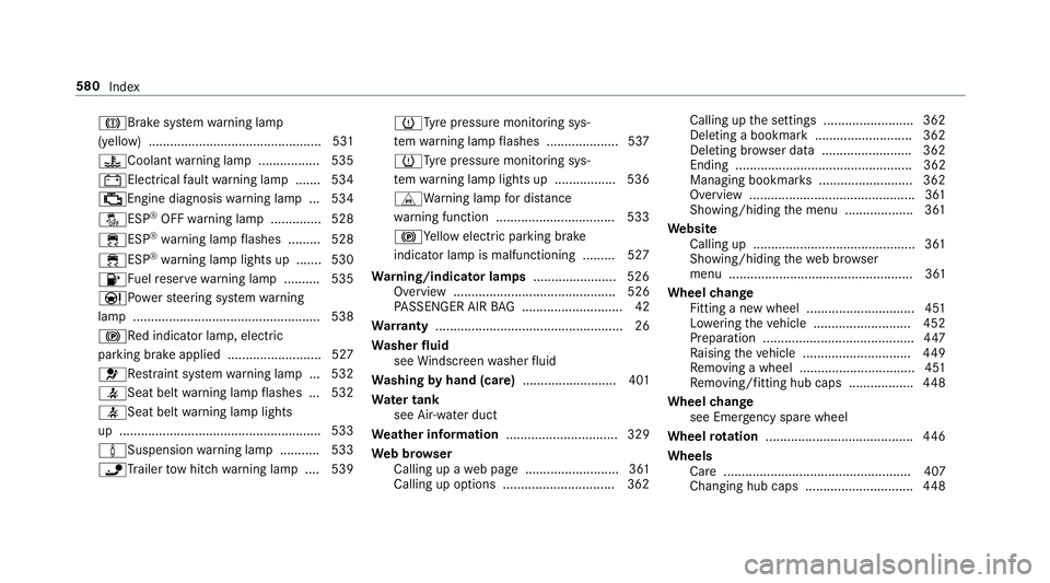 MERCEDES-BENZ E-CLASS CABRIOLET 2018  Owners Manual JBrake sy
stem warning lamp
(yellow) ................................................ 531
?Coolant warning lamp ................ .535
#Electrical fault warning lamp ...... .534
;Engine diagnosis warni