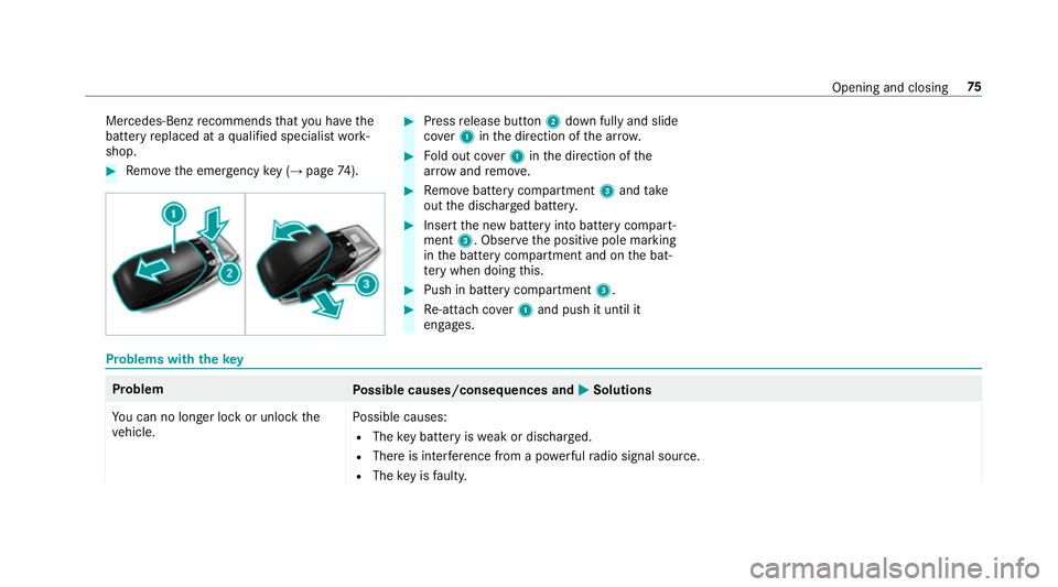 MERCEDES-BENZ E-CLASS CABRIOLET 2018 Owners Manual Mercedes-Benz
recommends that you ha vethe
battery replaced at a qualified specialist work‐
shop. #
Remo vethe emer gency key ( → page 74). #
Press release button 2down fully and slide
co ver1 int MERCEDES-BENZ E-CLASS CABRIOLET 2018 Owners Manual Mercedes-Benz
recommends that you ha vethe
battery replaced at a qualified specialist work‐
shop. #
Remo vethe emer gency key ( → page 74). #
Press release button 2down fully and slide
co ver1 int