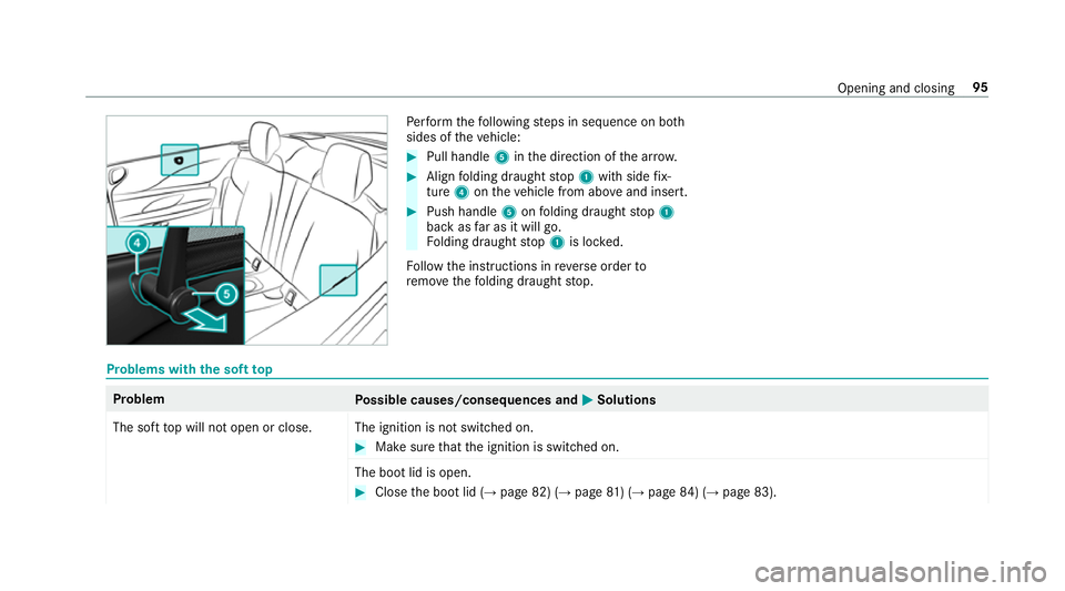 MERCEDES-BENZ E-CLASS CABRIOLET 2018 Owners Manual Pe
rform thefo llowing steps in sequence on bo th
sides of theve hicle: #
Pull handle 5inthe direction of the ar row. #
Align folding draught stop 1 with side fix‐
ture 4ontheve hicle from abo veand MERCEDES-BENZ E-CLASS CABRIOLET 2018 Owners Manual Pe
rform thefo llowing steps in sequence on bo th
sides of theve hicle: #
Pull handle 5inthe direction of the ar row. #
Align folding draught stop 1 with side fix‐
ture 4ontheve hicle from abo veand