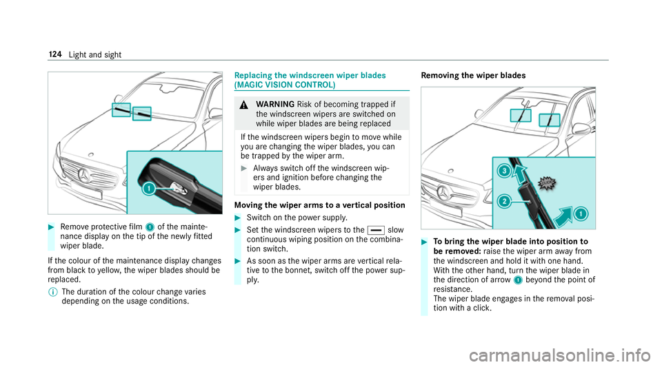 MERCEDES-BENZ E-CLASS CABRIOLET 2017 Owners Manual #
Remo veprotective film 1 ofthe mainte‐
nance display on the tip of the newly fitted
wiper blade.
If th e colour of the maintenance display changes
from black to yellow, the wiper blades should be
MERCEDES-BENZ E-CLASS CABRIOLET 2017 Owners Manual #
Remo veprotective film 1 ofthe mainte‐
nance display on the tip of the newly fitted
wiper blade.
If th e colour of the maintenance display changes
from black to yellow, the wiper blades should be