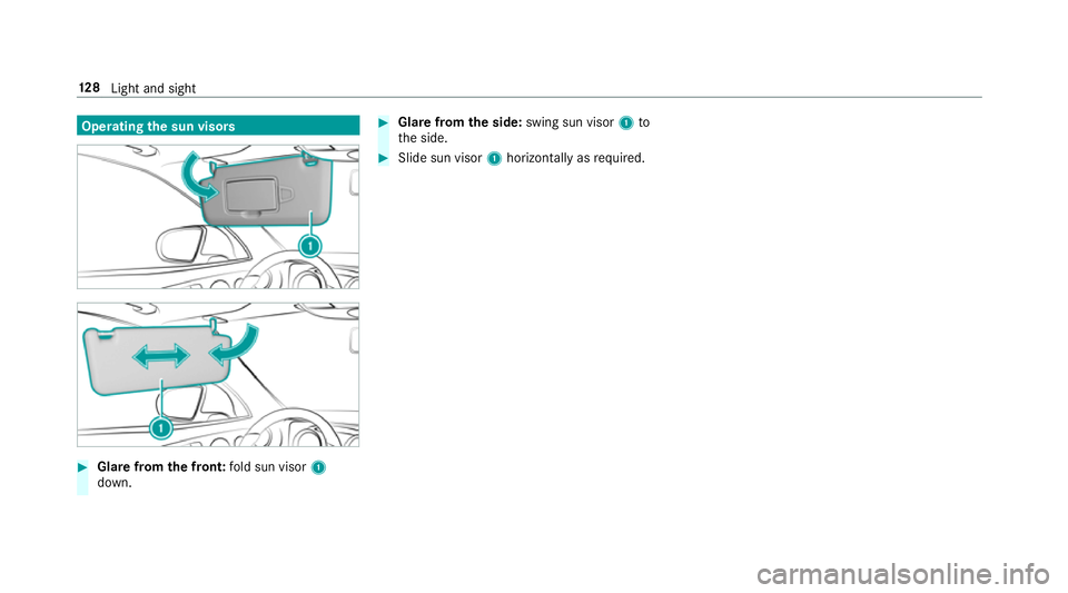 MERCEDES-BENZ E-CLASS CABRIOLET 2017 Owners Manual Operating
the sun visors #
Glarefrom the front: fold sun visor 1
down. #
Glare from the side: swing sun visor 1to
th e side. #
Slide sun visor 1horizon tally as required. 12 8
Light and sight MERCEDES-BENZ E-CLASS CABRIOLET 2017 Owners Manual Operating
the sun visors #
Glarefrom the front: fold sun visor 1
down. #
Glare from the side: swing sun visor 1to
th e side. #
Slide sun visor 1horizon tally as required. 12 8
Light and sight