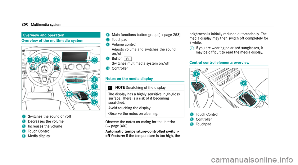 MERCEDES-BENZ E-CLASS CABRIOLET 2017  Owners Manual Overview and operation
Overview of
the multimedia sy stem 1
Swit ches the sound on/off
2 Decre asesthevo lume
3 Increases thevo lume
4 Touch Control
5 Media displ ay 6
Main functions button group (→