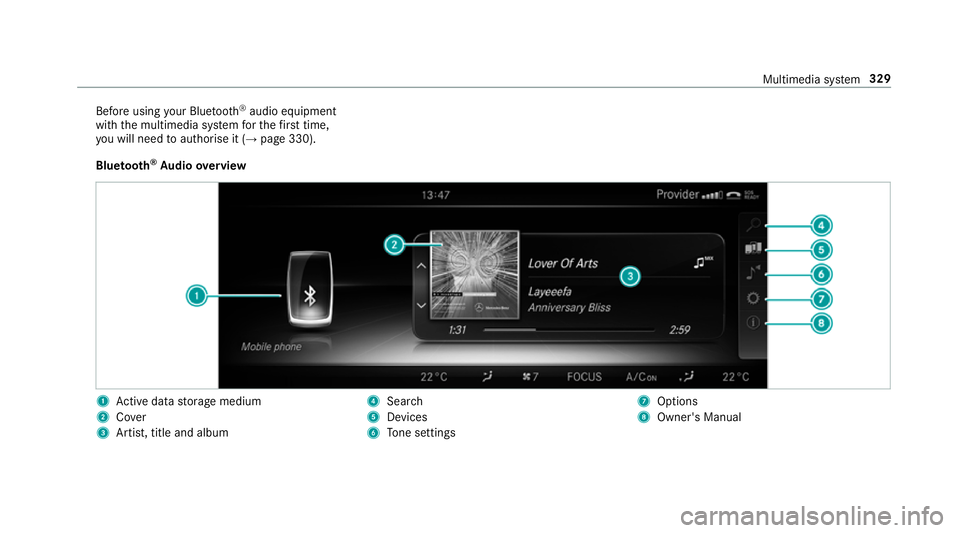 MERCEDES-BENZ E-CLASS CABRIOLET 2017  Owners Manual Before using
your Blue tooth®
audio equipment
with the multimedia sy stem forth efirs t time,
yo u will need toauthorise it (→ page 330).
Blu etoo th®
Au dio overview 1
Active da tastorage medium
