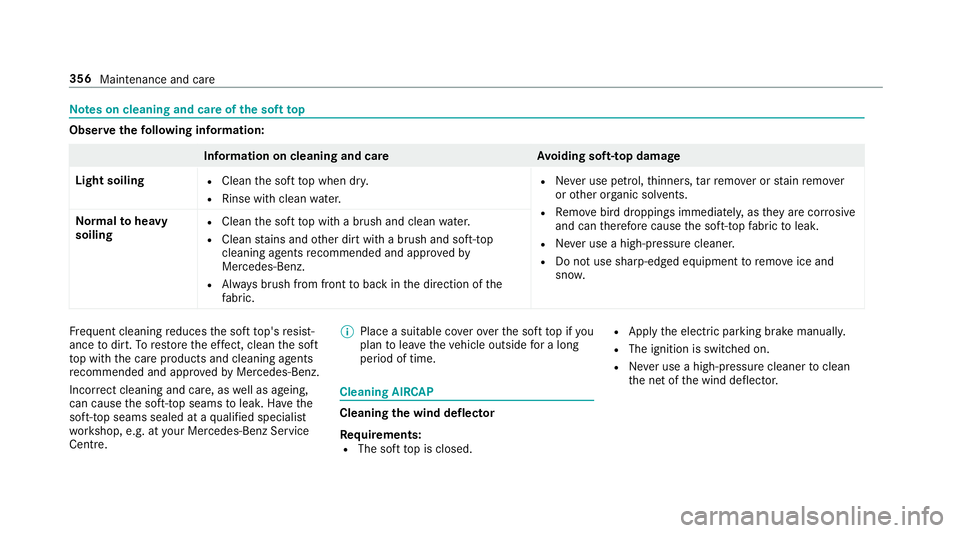 MERCEDES-BENZ E-CLASS CABRIOLET 2017 Owners Manual Note
s on cleaning and care of the soft top Obser
vethefo llowing information: Information on cleaning and car
eAvoiding soft- top damage
Light soiling R
Clean the soft top when dr y.
R Rinse with cle MERCEDES-BENZ E-CLASS CABRIOLET 2017 Owners Manual Note
s on cleaning and care of the soft top Obser
vethefo llowing information: Information on cleaning and car
eAvoiding soft- top damage
Light soiling R
Clean the soft top when dr y.
R Rinse with cle