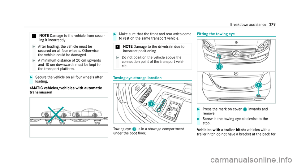 MERCEDES-BENZ E-CLASS CABRIOLET 2017  Owners Manual *
NO
TEDama getotheve hicle from secur‐
ing it incor rectly #
After loading, theve hicle must be
secured on all four wheels. Otherwise,
th eve hicle could be damaged. #
A minimum dis tance of 20 cm 