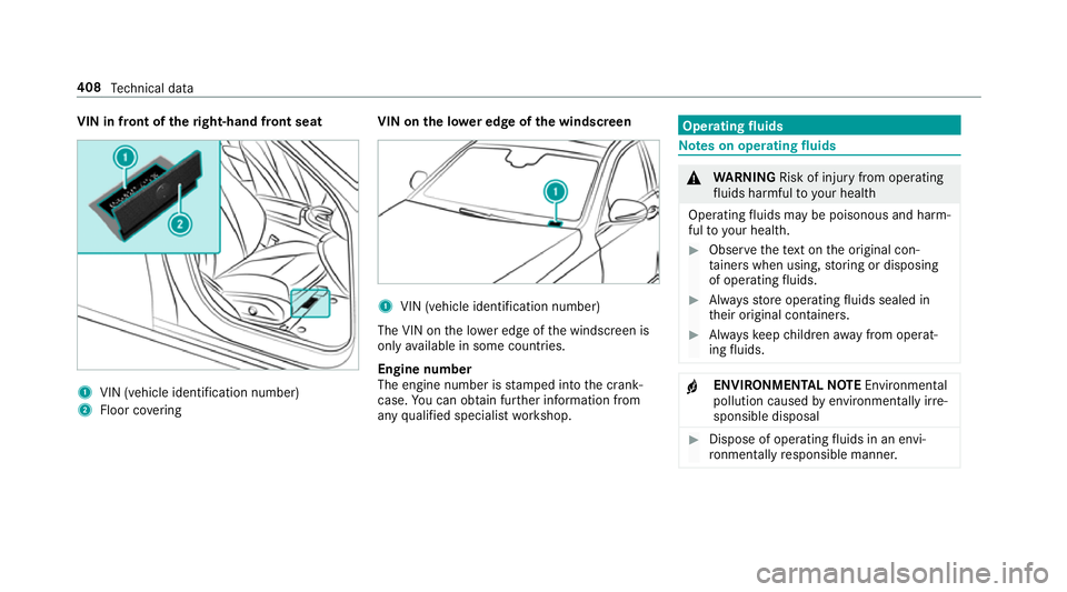 MERCEDES-BENZ E-CLASS CABRIOLET 2017  Owners Manual VIN in front of the
right-hand front seat 1
VIN (vehicle identification number)
2 Floor co vering VIN on the lo
wer edge of the windscreen 1
VIN (vehicle identi fication number)
The VIN on the lo wer 