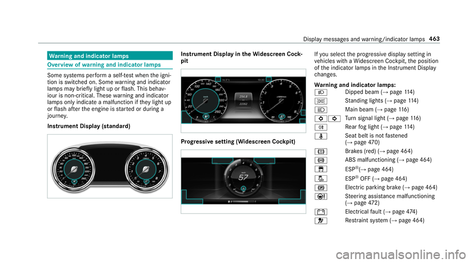 MERCEDES-BENZ E-CLASS CABRIOLET 2017 Owners Manual Wa
rning and indicator lamps Overview of
warning and indicator lamps Some sy
stems per form a self-test when the igni‐
tion is switched on. Some warning and indicator
lamps may briefly light up or f MERCEDES-BENZ E-CLASS CABRIOLET 2017 Owners Manual Wa
rning and indicator lamps Overview of
warning and indicator lamps Some sy
stems per form a self-test when the igni‐
tion is switched on. Some warning and indicator
lamps may briefly light up or f
