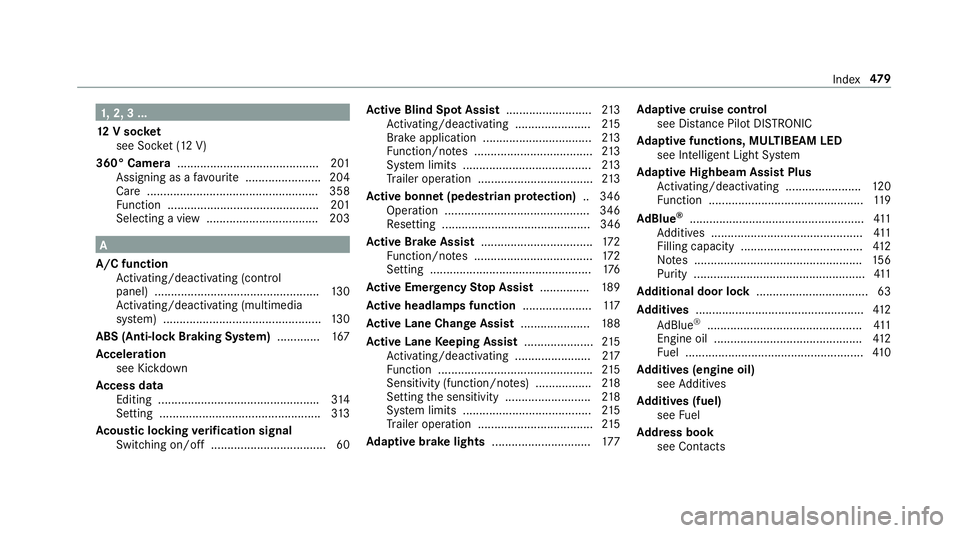 MERCEDES-BENZ E-CLASS CABRIOLET 2017 Owners Manual 1,
2, 3 ...
12 V so cket
see Soc ket (12 V)
360° Camera ........................................... 201
Assigning as a favo urite ...................... .204
Care .................................... MERCEDES-BENZ E-CLASS CABRIOLET 2017 Owners Manual 1,
2, 3 ...
12 V so cket
see Soc ket (12 V)
360° Camera ........................................... 201
Assigning as a favo urite ...................... .204
Care ....................................