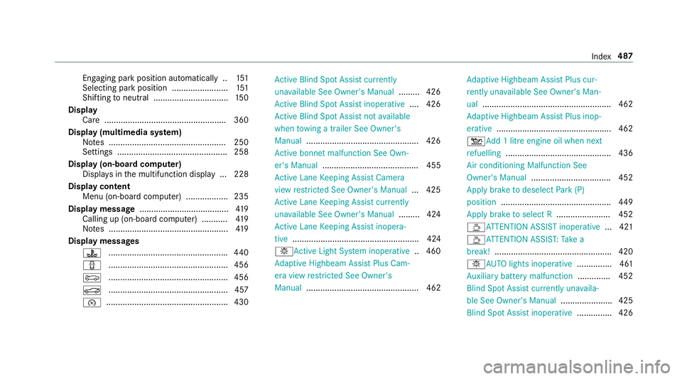 MERCEDES-BENZ E-CLASS CABRIOLET 2017 Owners Manual Engaging pa
rkposition automatically .. 151
Selecting pa rkposition ........................ 151
Shifting toneutral ................................ 15 0
Display Care ................................. MERCEDES-BENZ E-CLASS CABRIOLET 2017 Owners Manual Engaging pa
rkposition automatically .. 151
Selecting pa rkposition ........................ 151
Shifting toneutral ................................ 15 0
Display Care .................................