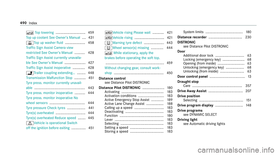 MERCEDES-BENZ E-CLASS CABRIOLET 2017  Owners Manual K
Top lo wering ............................... 459
To p up coolant See Owner ’sManual ....431
¥ Top up washer fluid .................... .458
Tr af fic Sign Assi stCamera view
re stricted See Owne