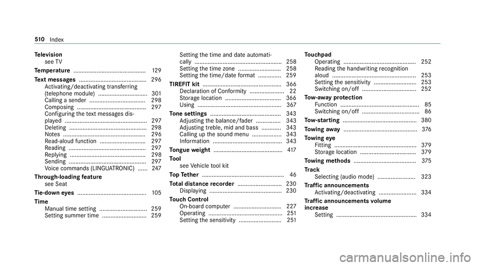 MERCEDES-BENZ E-CLASS CABRIOLET 2017 Owners Manual Te
levision
see TV
Te mp erature ............................................ 12 9
Te xt messages ......................................... 296
Ac tivating/deactivating trans ferring
(telephone module MERCEDES-BENZ E-CLASS CABRIOLET 2017 Owners Manual Te
levision
see TV
Te mp erature ............................................ 12 9
Te xt messages ......................................... 296
Ac tivating/deactivating trans ferring
(telephone module