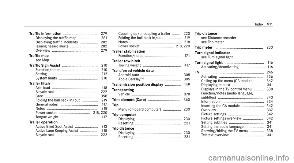 MERCEDES-BENZ E-CLASS CABRIOLET 2017 Owners Manual Tr
af fic information .................................. 279
Displ aying the tra ffic map .................... 281
Displaying traf fic incidents .................. 282
Issuing hazard alerts .......... MERCEDES-BENZ E-CLASS CABRIOLET 2017 Owners Manual Tr
af fic information .................................. 279
Displ aying the tra ffic map .................... 281
Displaying traf fic incidents .................. 282
Issuing hazard alerts ..........