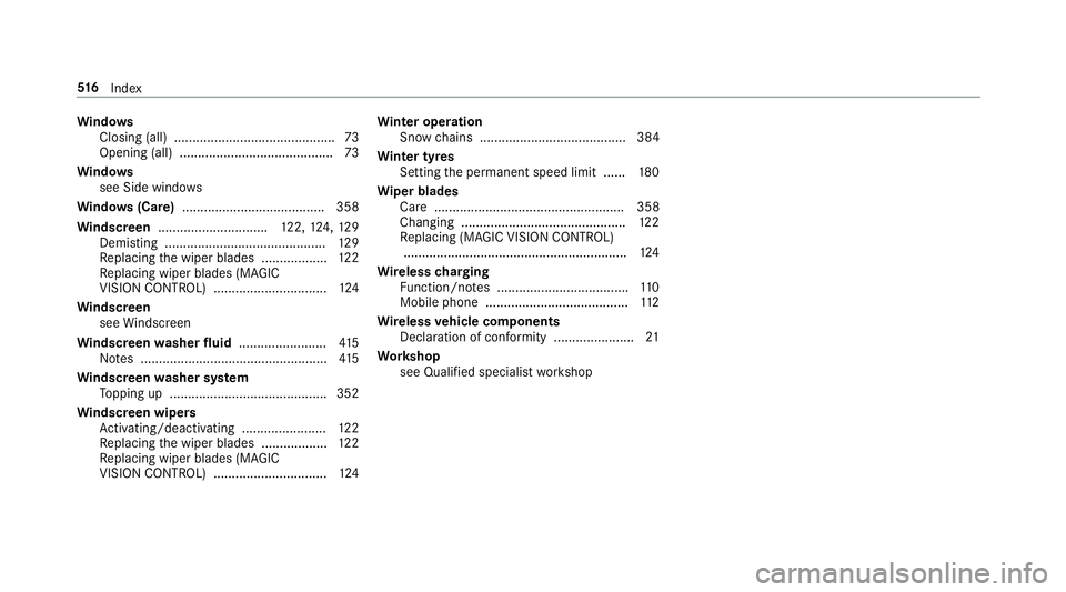 MERCEDES-BENZ E-CLASS CABRIOLET 2017 Owners Manual Wi
ndo ws
Closing (all) ............................................ 73
Opening (all) .......................................... 73
Wi ndo ws
see Side windo ws
Wi ndo ws(Care) ........................ MERCEDES-BENZ E-CLASS CABRIOLET 2017 Owners Manual Wi
ndo ws
Closing (all) ............................................ 73
Opening (all) .......................................... 73
Wi ndo ws
see Side windo ws
Wi ndo ws(Care) ........................