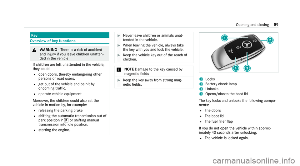 MERCEDES-BENZ E-CLASS CABRIOLET 2017 Repair Manual Key
Overview of
key functions &
WARNING ‑ Thereis a risk of accident
and injury if you lea vechildren unat ten‐
ded in theve hicle
If ch ildren are left unat tended in theve hicle,
th ey could:
R MERCEDES-BENZ E-CLASS CABRIOLET 2017 Repair Manual Key
Overview of
key functions &
WARNING ‑ Thereis a risk of accident
and injury if you lea vechildren unat ten‐
ded in theve hicle
If ch ildren are left unat tended in theve hicle,
th ey could:
R